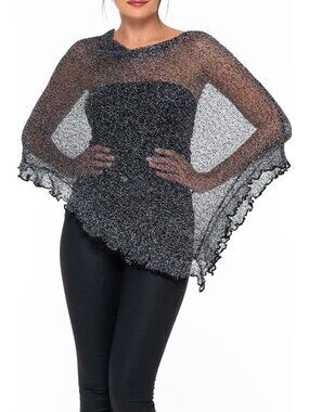 Women Black Silver Sheer Knit Poncho Shrug Lightweight Asymmetrical Ruffle Wraps